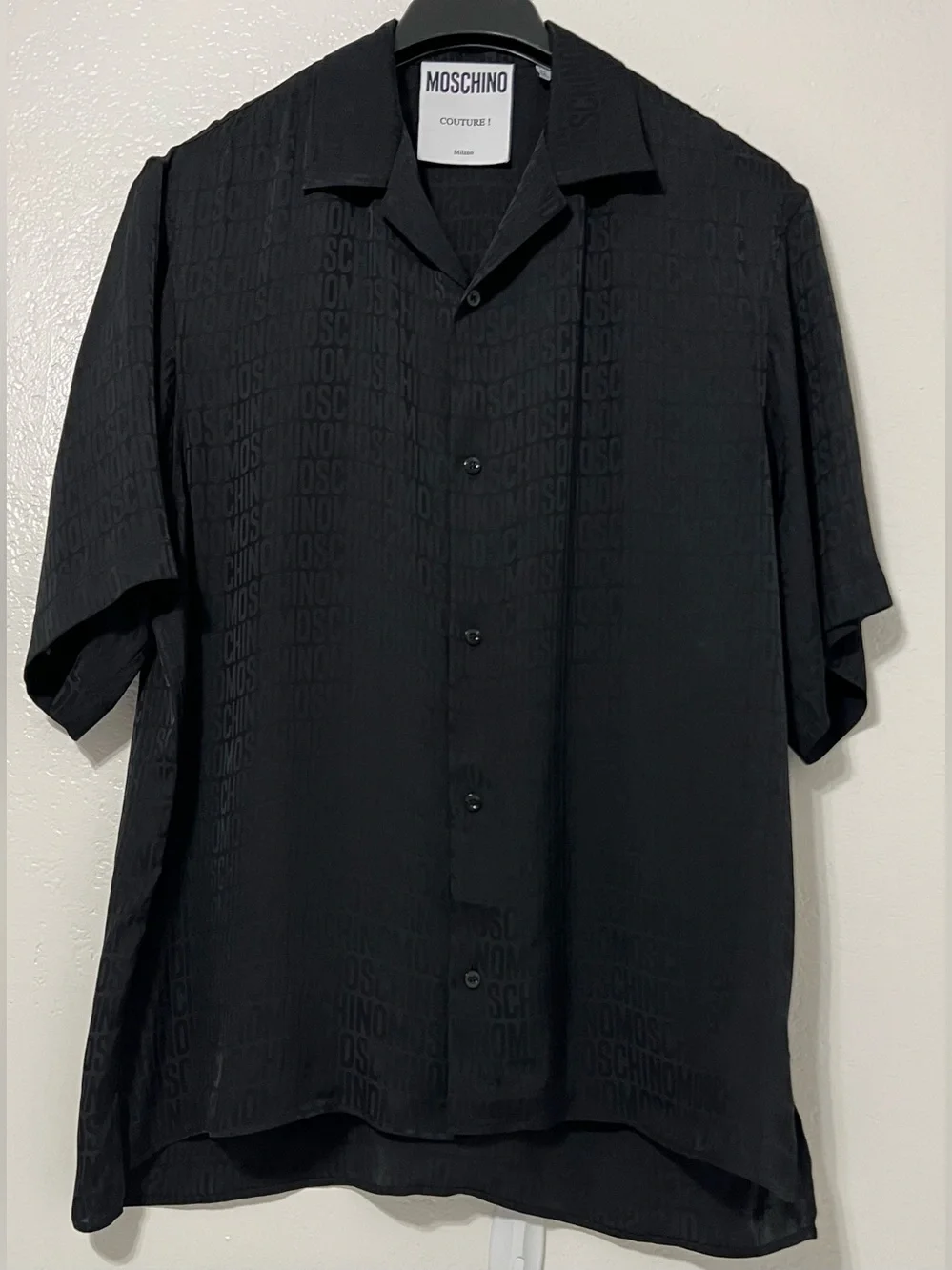 Moschino Couture! Milano Black Logo Jacquard Silk Blend Camp Shirt EU 40 Luxury
